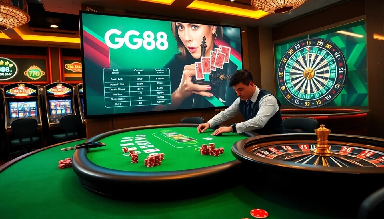 Experience the thrill of GG88 as players engage in exciting casino games with vibrant visuals and professional atmosphere.