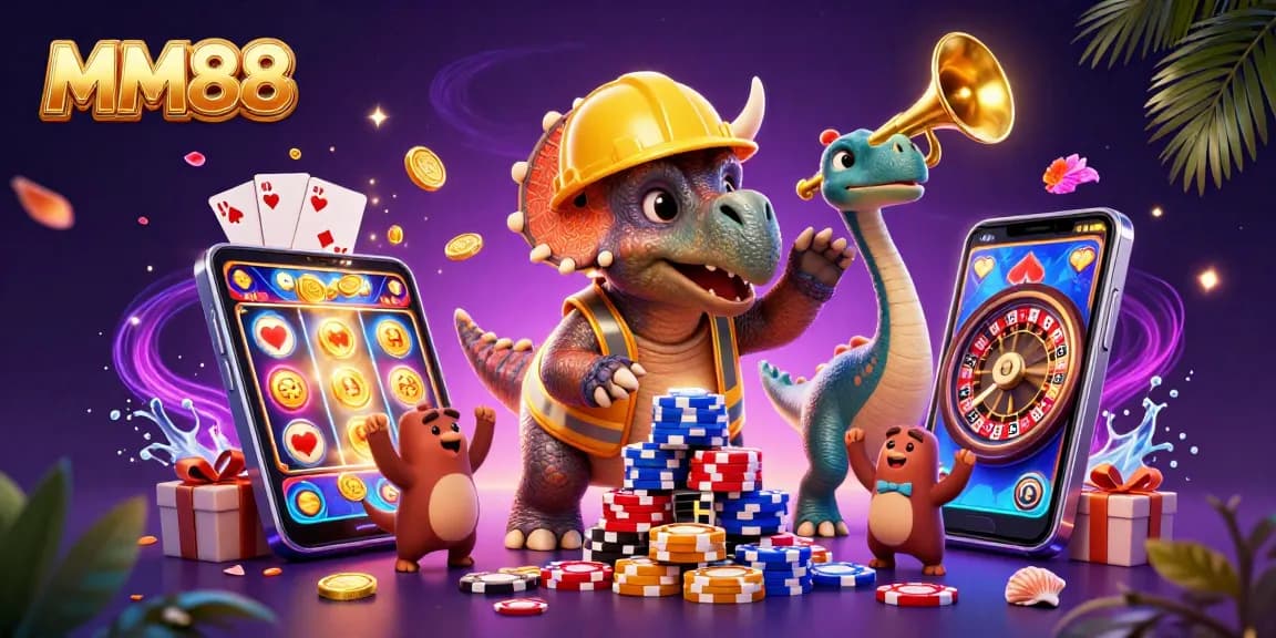 Engage with MM88's thrilling world of gaming with colorful slot spins and chip towers.