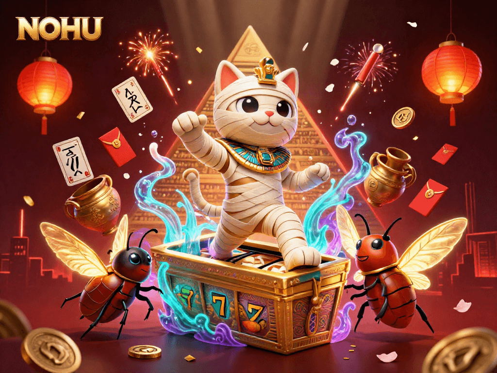 Engage with NOHU's thrilling 3D casino experience featuring a vibrant mummy cat and dynamic slot elements.