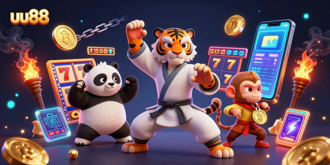 uu88 showcases a dynamic scene with a kung fu tiger, panda disciple, and mischievous monkey, featuring vibrant slot game elements.
