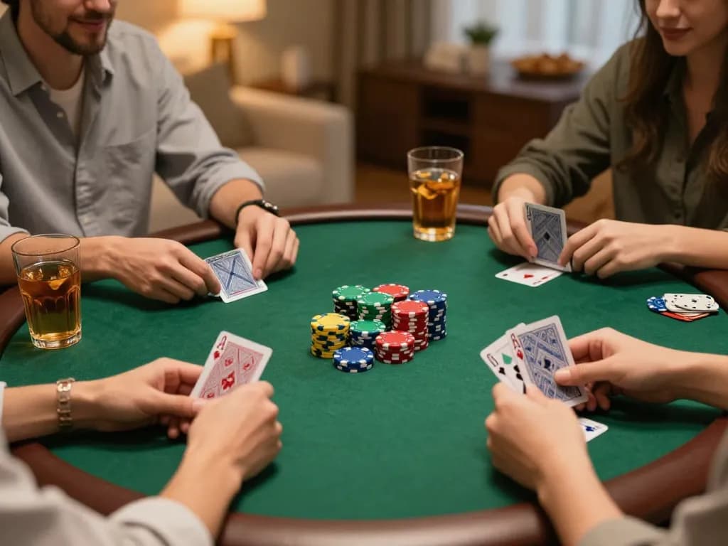 Friends enjoying a poker night at home with vibrant chips and cards at the table, showcasing cm88 gaming excitement.