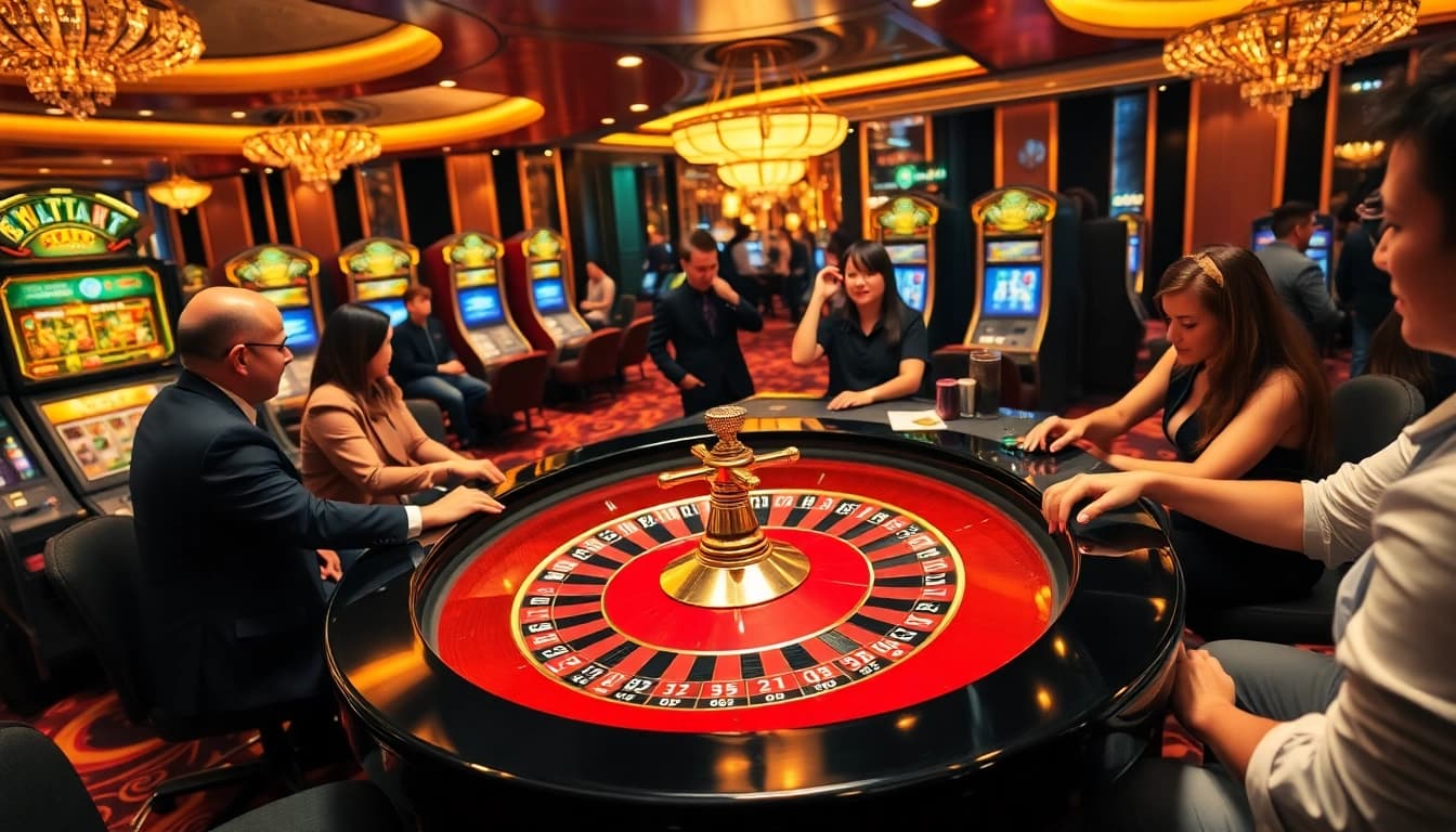 Experience thrilling gaming action at http://bong88.review/ with vibrant roulette and slot machines in a luxurious casino setting.