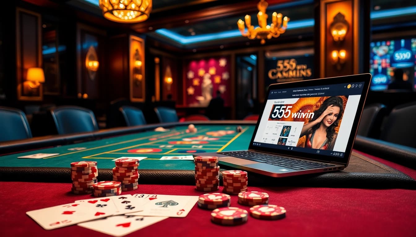Experience the thrill of 555win at an upscale casino table with vibrant chips and cards.