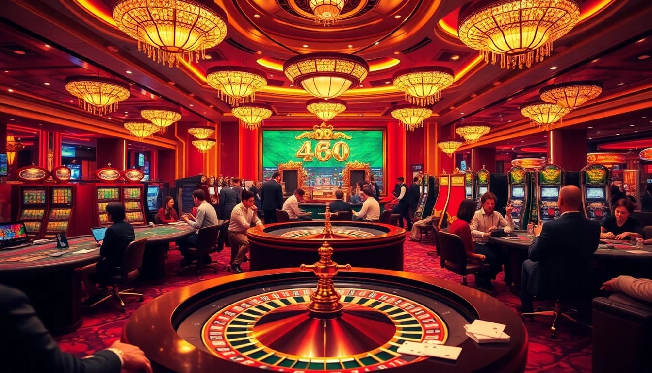 Exciting casino atmosphere featuring the 98win link at poker tables, roulette wheels, and vibrant gaming.