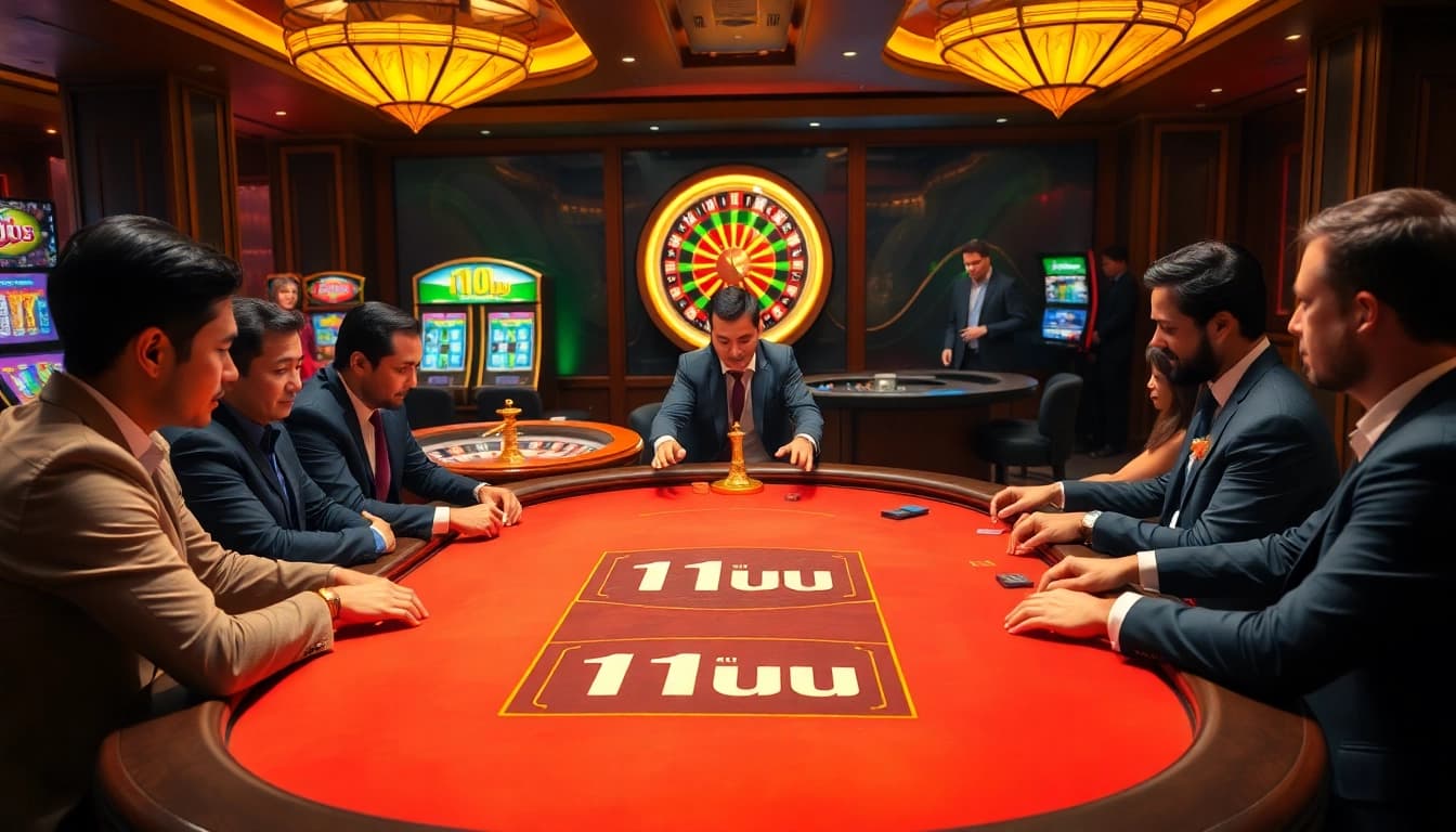 Experience the thrill of betting at an elegant 11uu casino table with excited players.