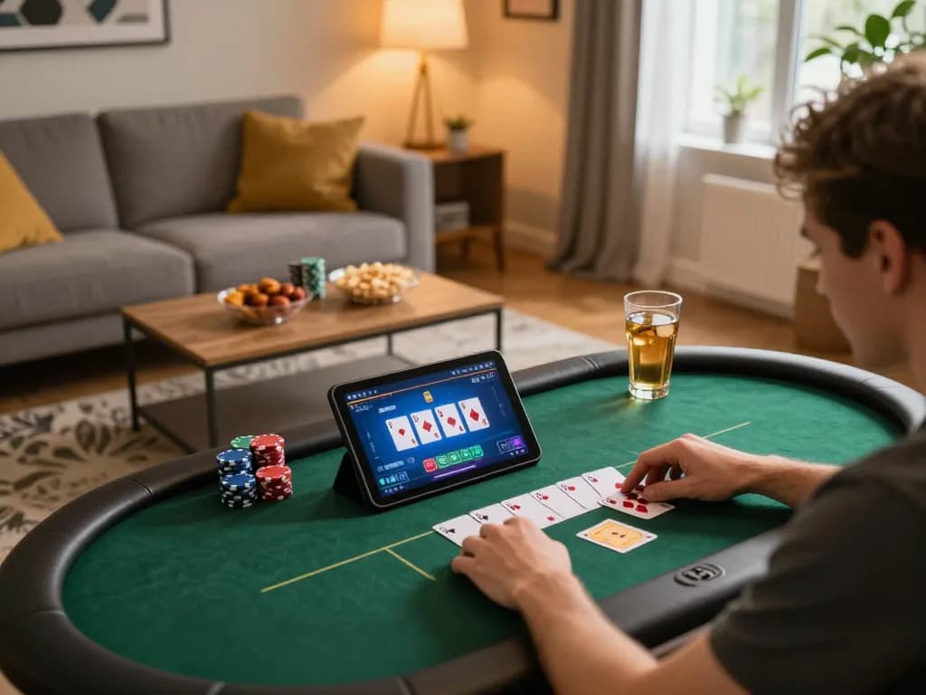 Engaged player exploring poker strategies on XX88 platform in a cozy home setting