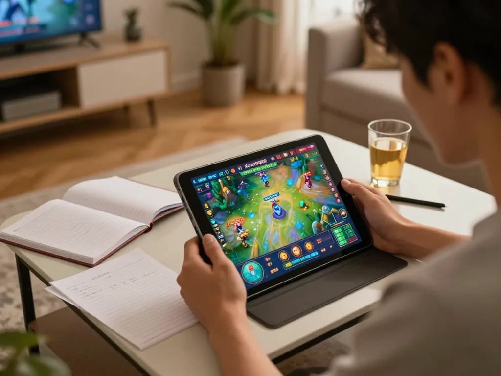 Xocdia88 player enjoying a thrilling online gaming session on a tablet in a cozy home environment