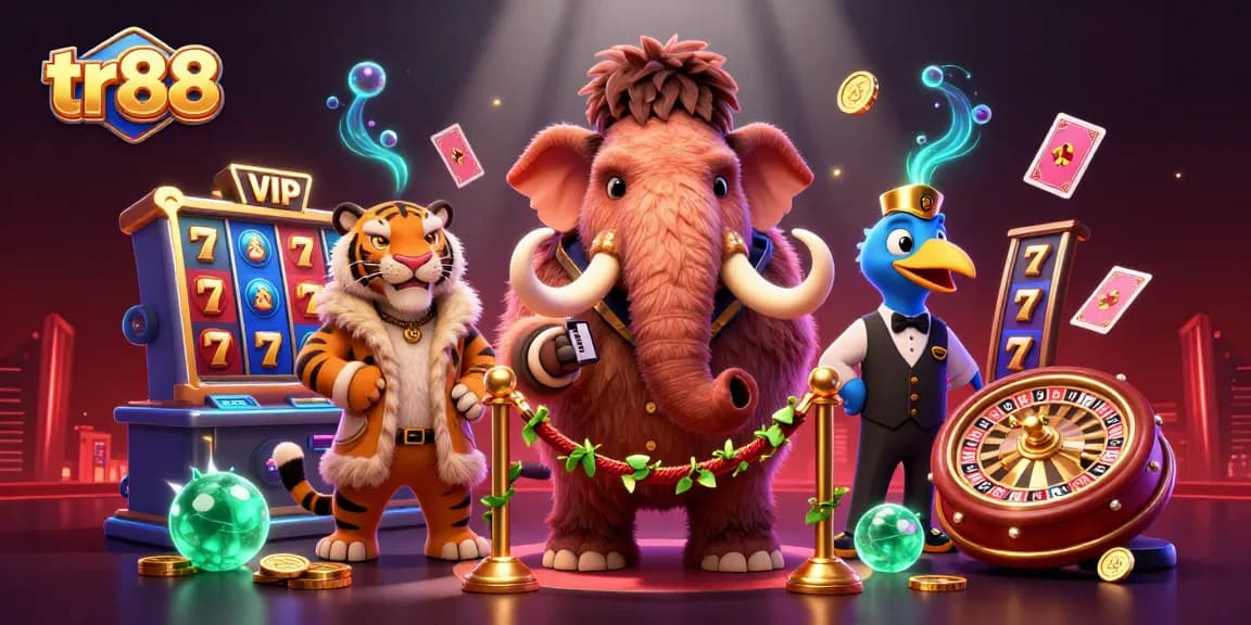 Experience the excitement of tr88 casino with a colorful scene of characters amidst vibrant slot reels and casino elements.