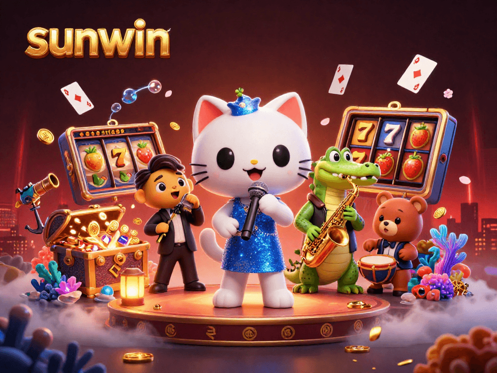 Experience sunwin with vibrant casino characters and dynamic gaming elements in this colorful illustration.