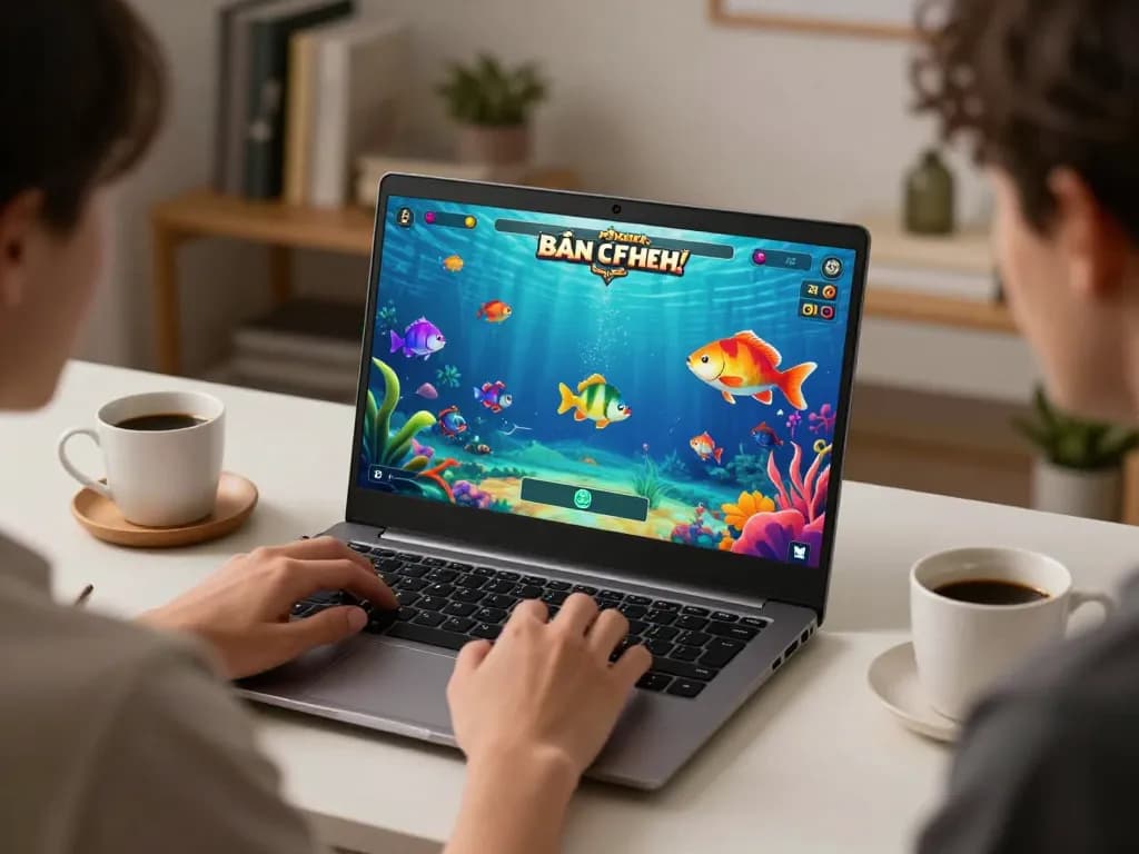 Bắn cá đổi thưởng gameplay on laptop, showcasing dynamic fish graphics in a cozy home office setting.