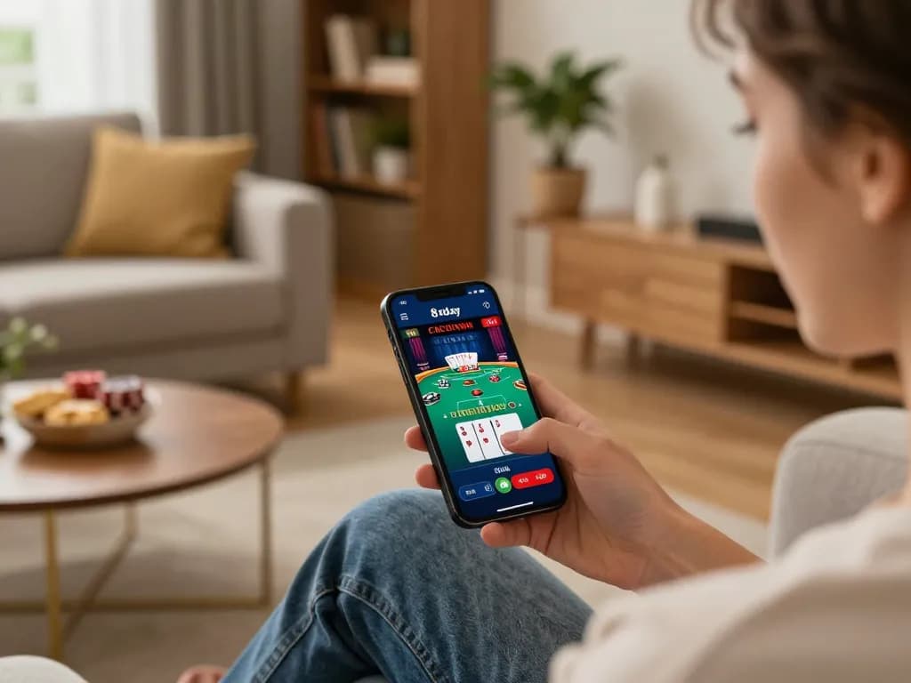 Player engaging in the 8day casino app on smartphone for live blackjack game, showcasing immersive online gambling.