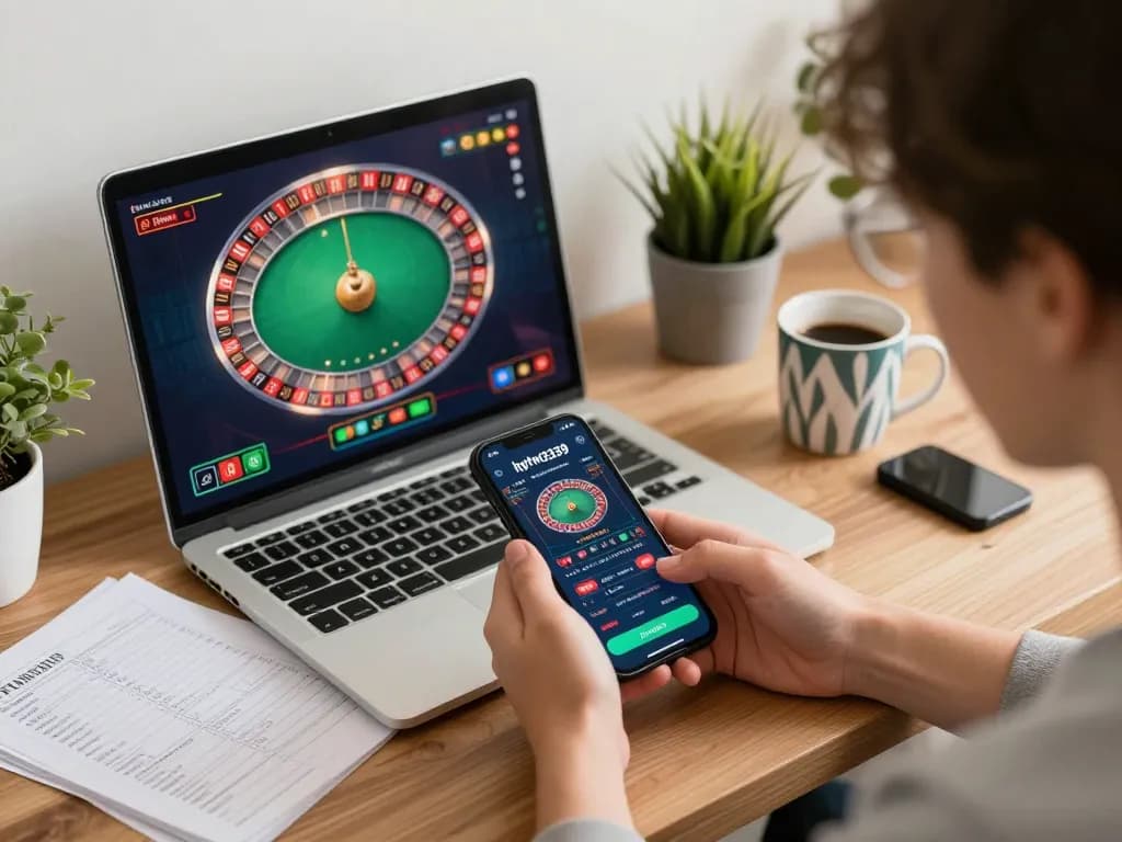 Player engaging with hytw3339 mobile app during live roulette session in a cozy home setup.