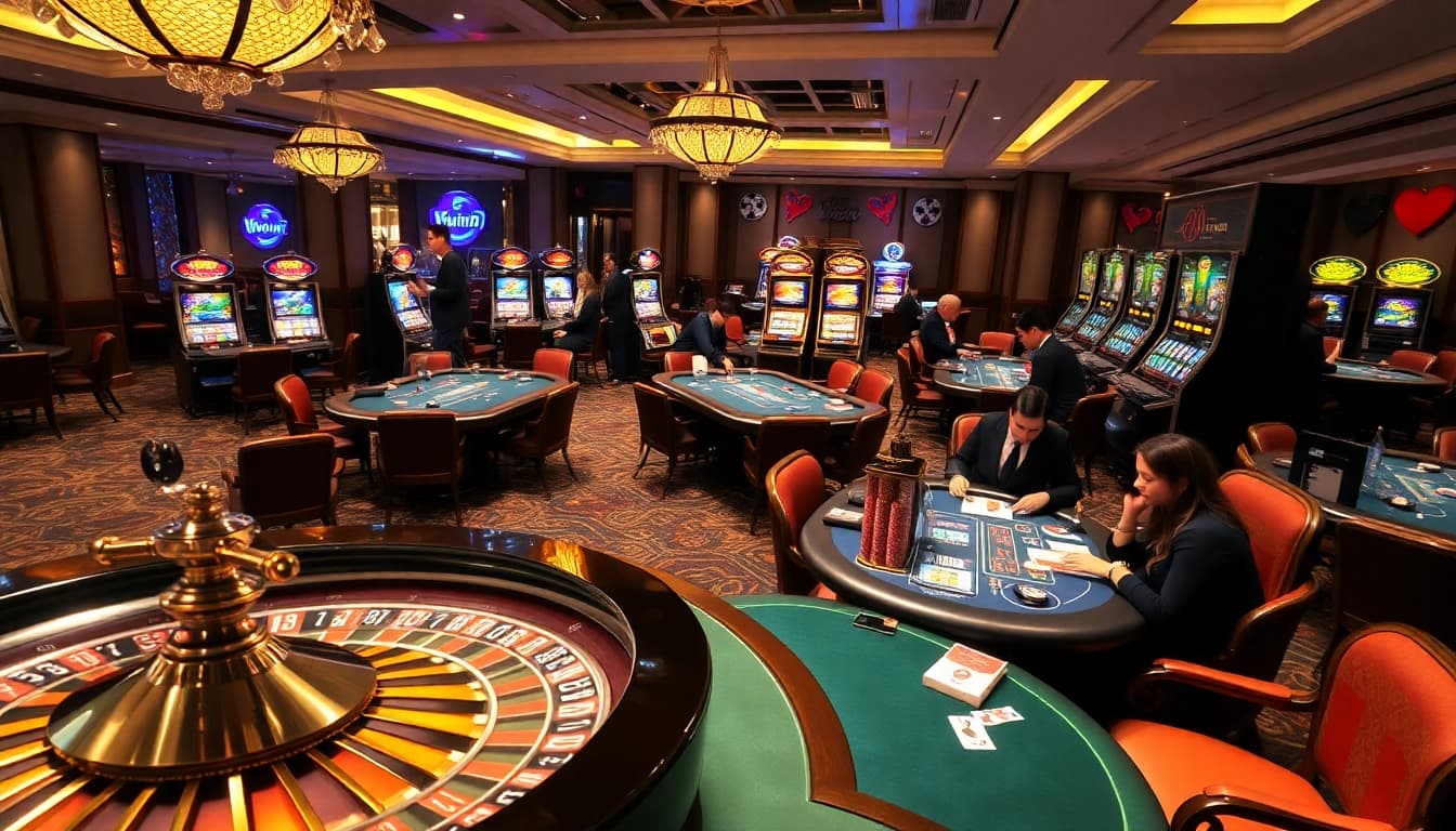 VIPWin casino scene showcasing players engaged at poker tables amid vibrant slot machines.