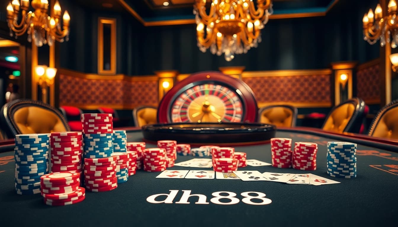 Strategic gamblers engage at a luxurious dh88 casino table, immersed in vibrant poker chips and exciting gameplay.