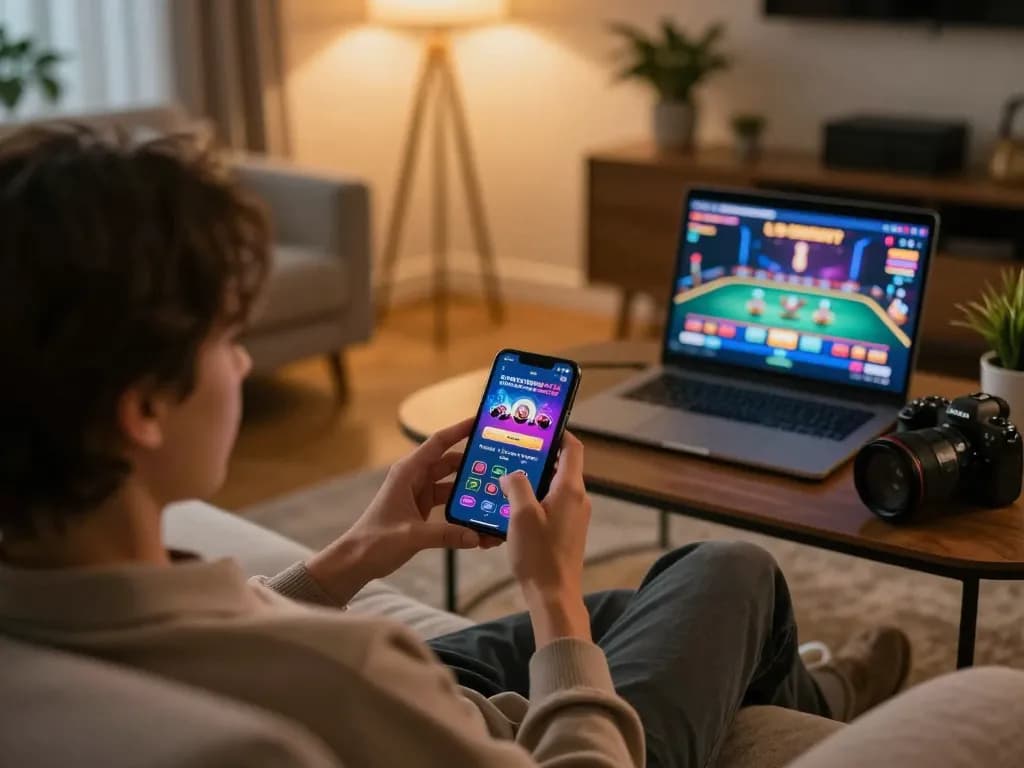 Player engaging with the 888NEW casino app, exploring strategic gameplay options in a cozy home setting