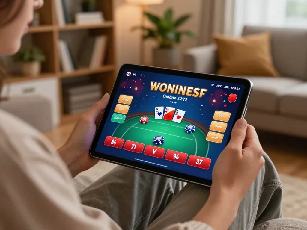 Engaging in online poker gaming at home with TR88SEO's vibrant interface displayed on a tablet
