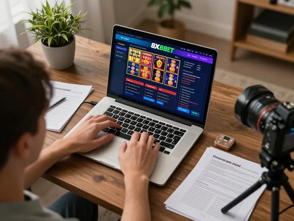 Engaged player exploring various games on 8xbet's online casino interface at home, showcasing strategic gameplay.