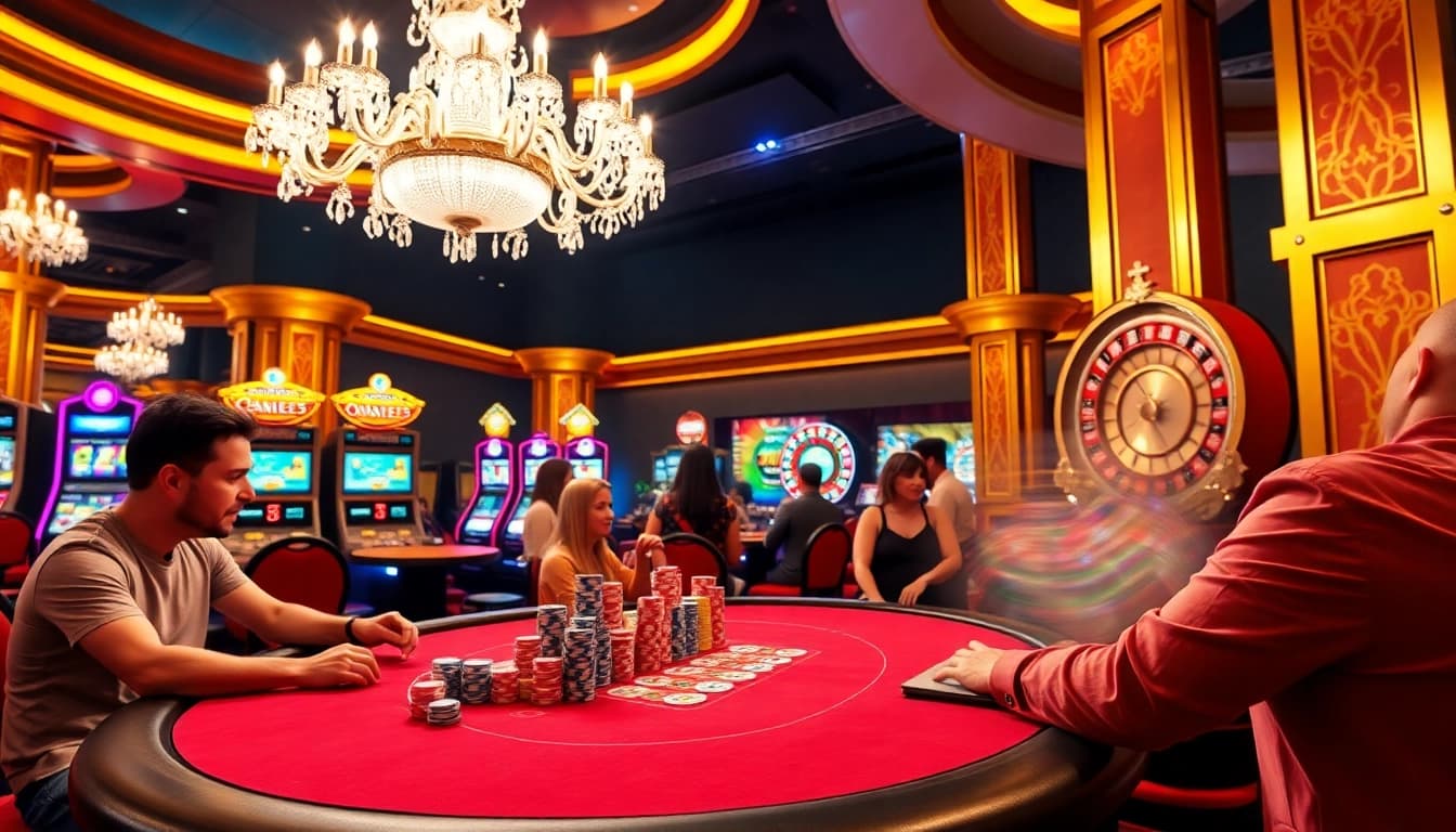 A thrilling open88 poker scene with players and vibrant casino elements.