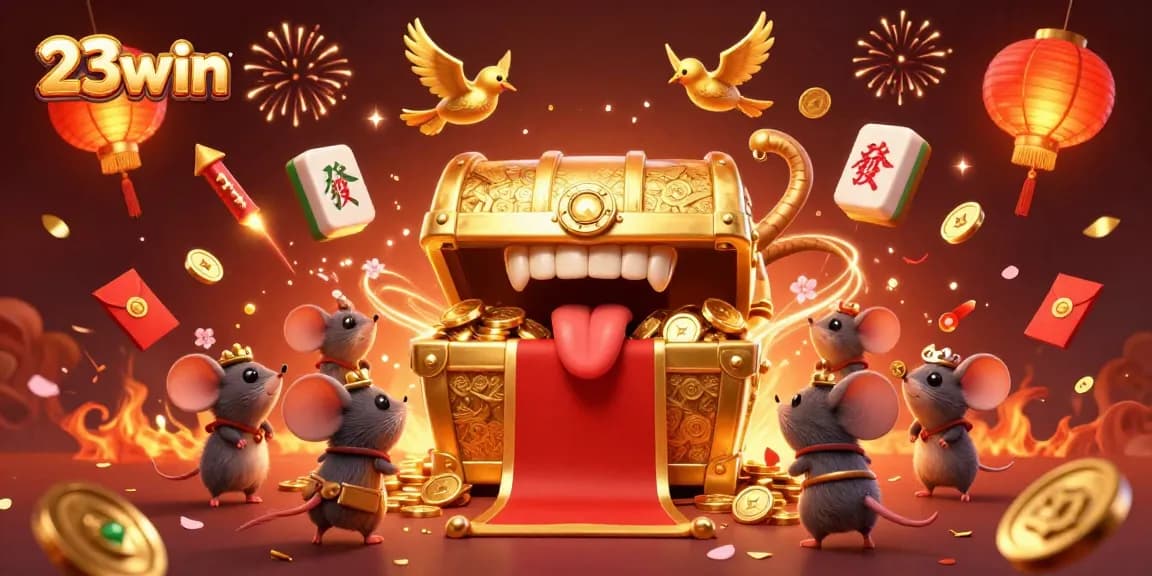 Engage with 23win's vibrant casino scene featuring golden treasures and adventurer mice in a dynamic environment.