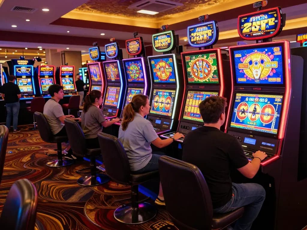 Players enjoying dynamic slot machines at TG 88 casino, showcasing vibrant atmosphere and excitement.