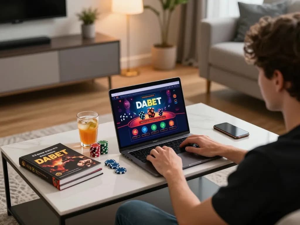 DABET online gaming setup with player engaged in strategy, enjoying casino experience at home
