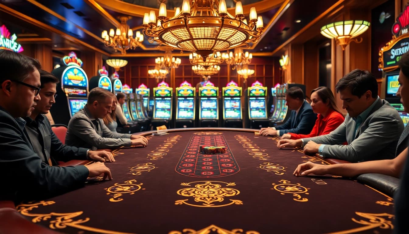 Players engage at the F168 casino table, surrounded by vibrant slot machines and colorful chips.