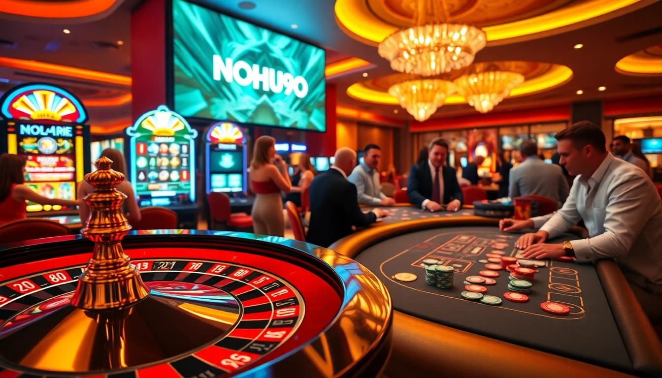 Players enjoying immersive gaming experiences at NOHU90 casino, featuring poker and roulette tables.