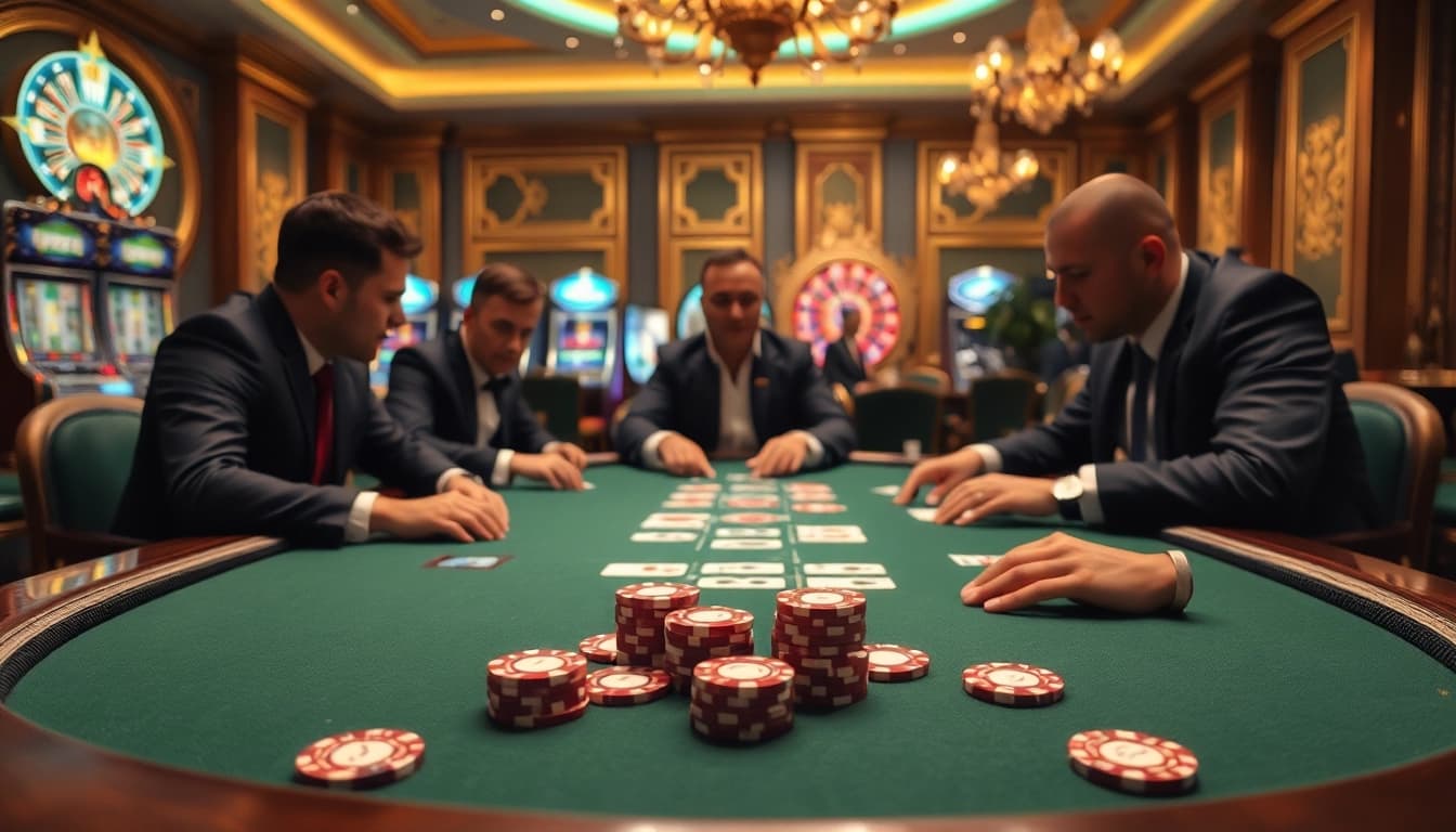 88I casino table with professional players engaging in an intense poker game.