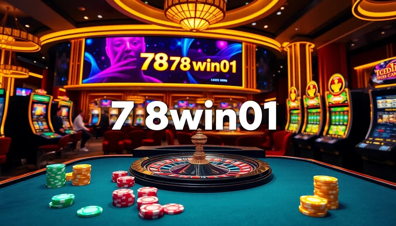 Exciting gaming scene at 78win01's luxurious casino with vibrant slot machines and poker chips.