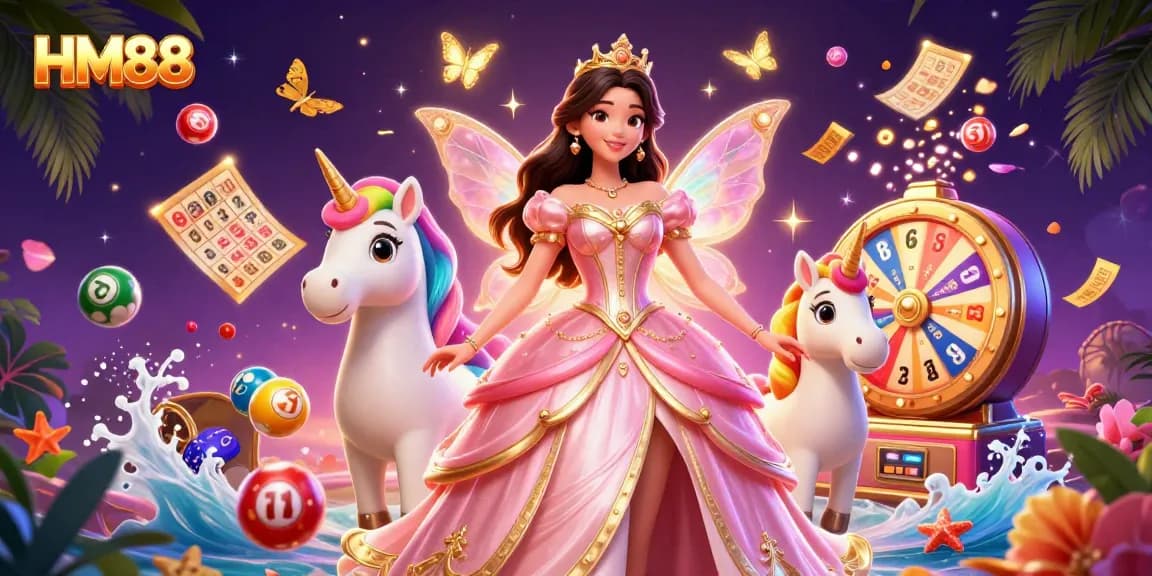 Win big with HM88's vibrant lottery scene packed with colorful game elements and magical details.