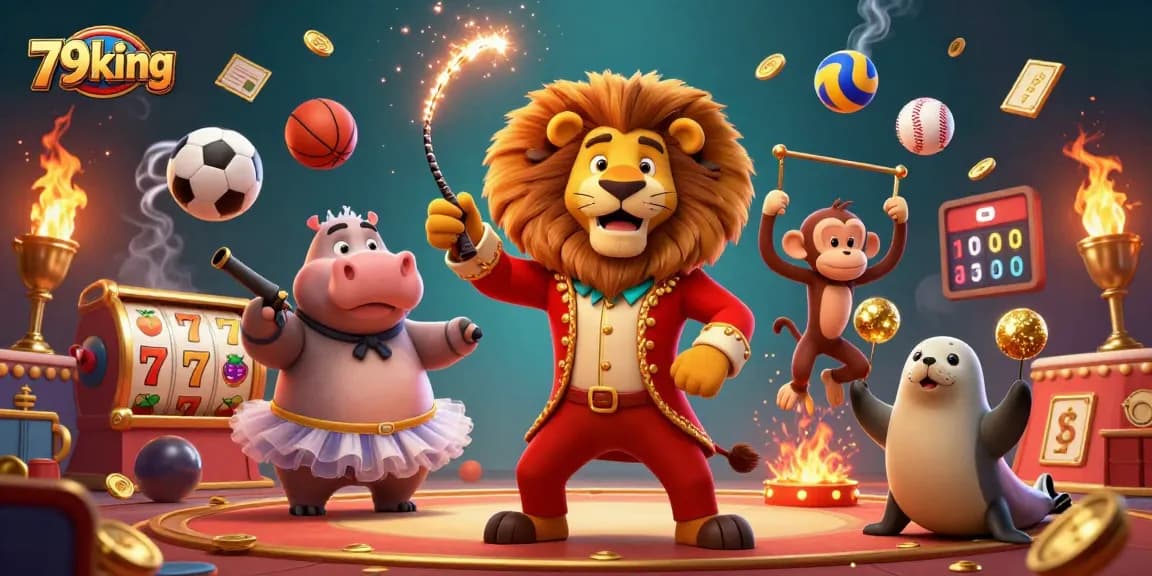 Engage with 79king's vibrant casino world featuring a lion ringmaster, lively characters, and dynamic games.