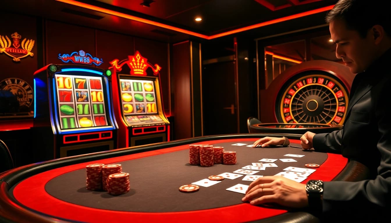 Engage in exciting online gaming at WW88 with vibrant poker chips and a luxurious casino interface.