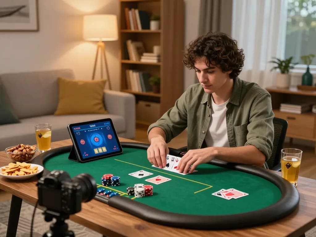 FLY88 player strategizing in a cozy home poker game setup, tablet displaying cards and betting options.