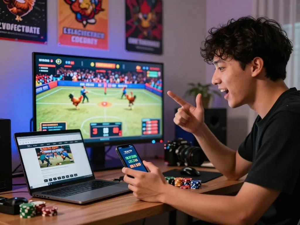 Excited player at GA179 betting on live chicken fights in a vibrant home office setting.