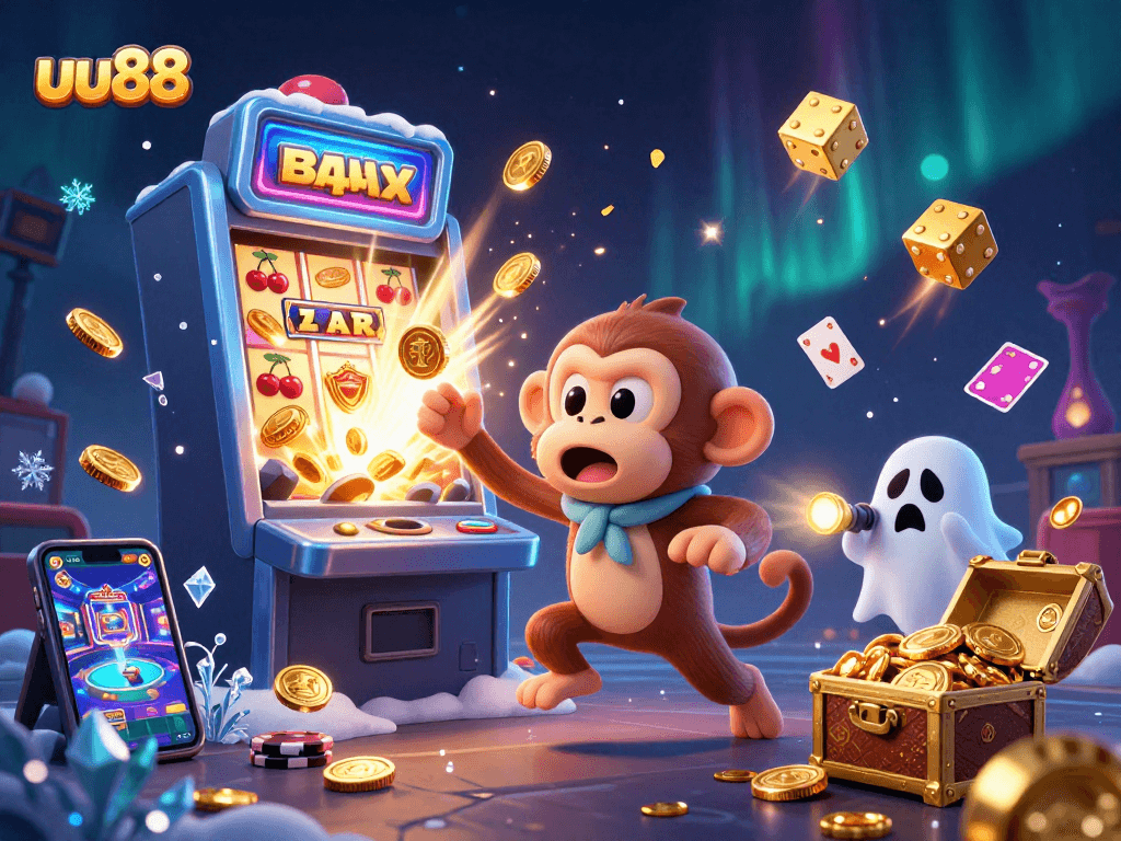 Experience the magic of uu88 with a playful poltergeist monkey and a curious ghost-hunter puppy in a dynamic casino scene.