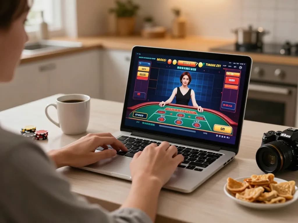 Player engaging in online gambling at home with TG88 live casino game displayed on screen.