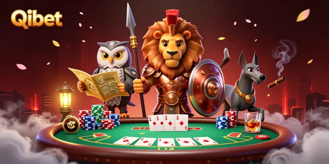 Engage with Qibet's dynamic poker scene featuring armored lion, strategic owl, and swift greyhound surrounded by vibrant elements.