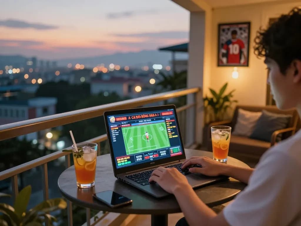 Cá Độ Bóng Đá Online betting on a laptop in a cozy balcony setting