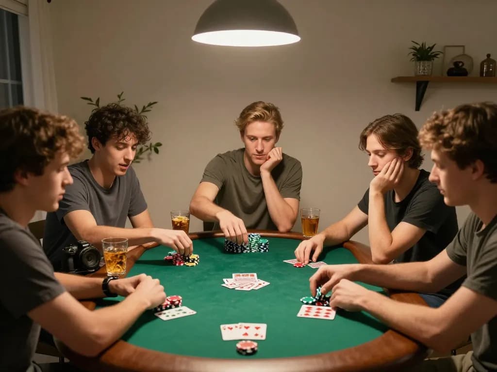Enjoy friends playing poker with the okking app, showcasing vibrant chips and cards in a cozy setting