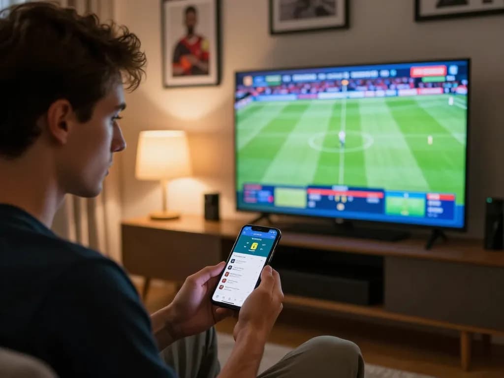 Engaged bettor using NOWGOAL app to place sports bets during a live football match.