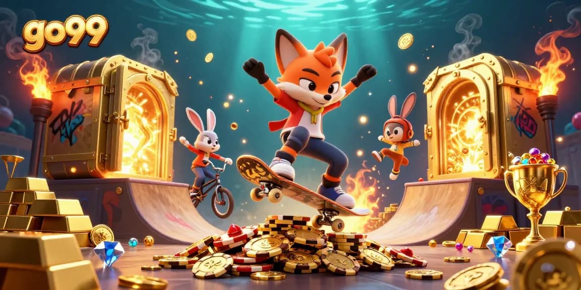 Experience go99 excitement with cartoon characters in a vibrant casino atmosphere full of treasures.