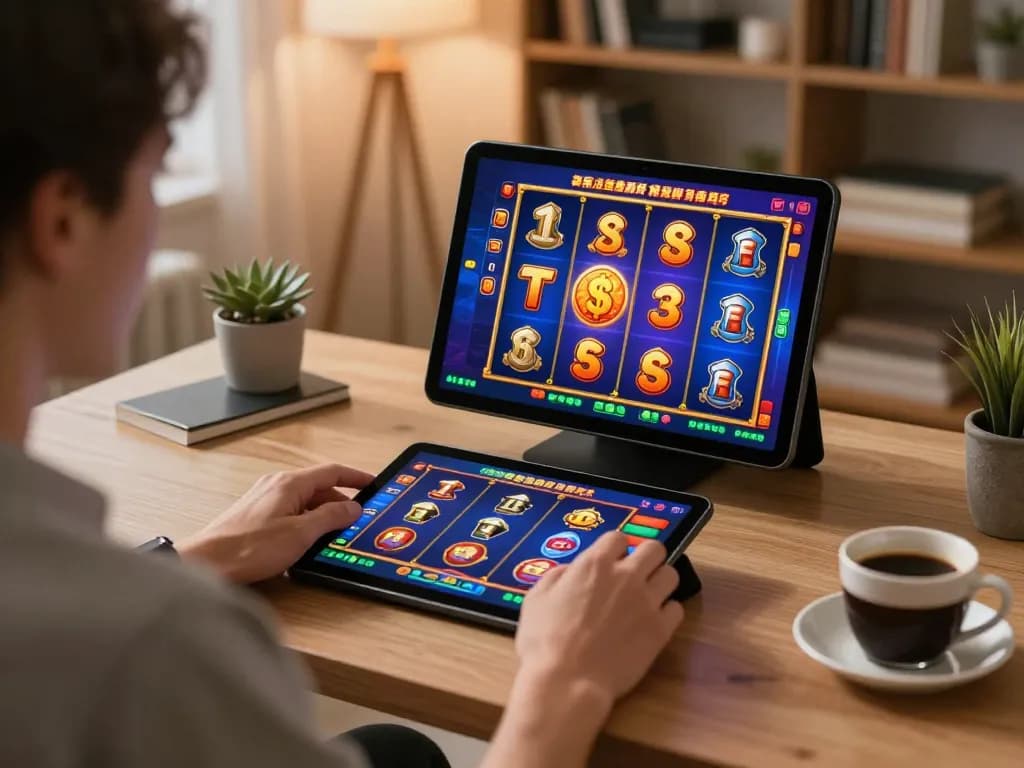 A player engages with the 88clbgo online casino app, enjoying a colorful slot game on their tablet in a cozy home setting.
