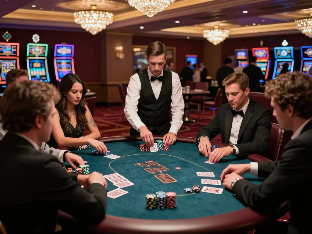 F168 poker players intensely strategizing at a vibrant casino table, showcasing a high-stakes game.