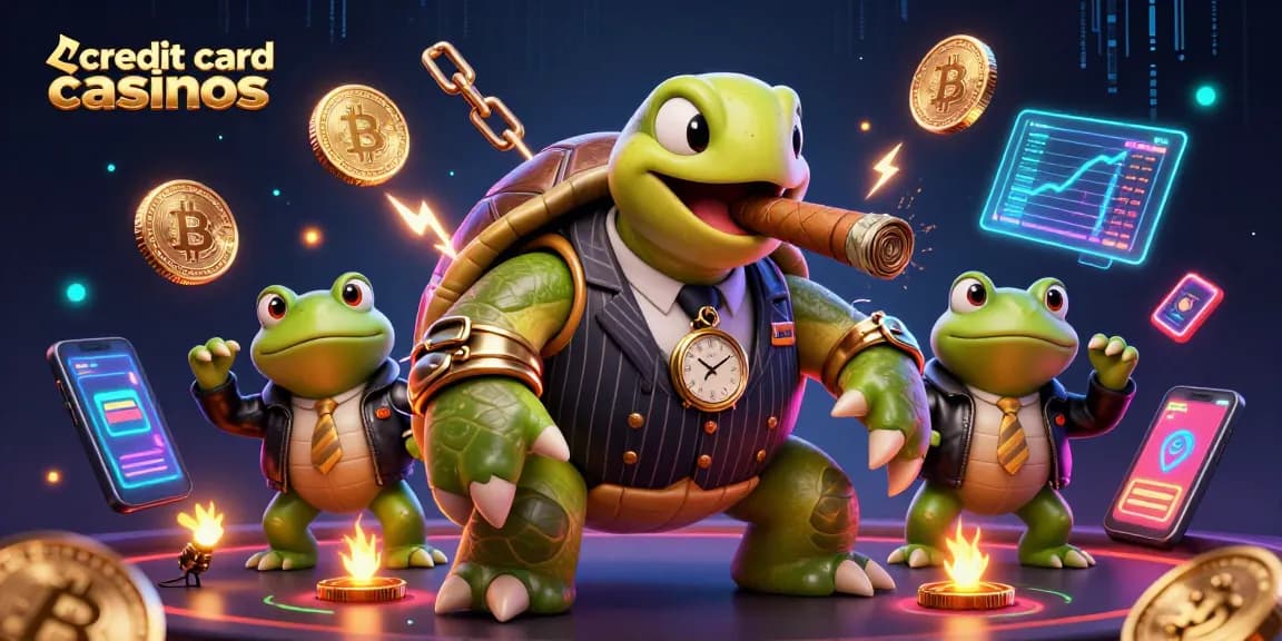 Engaging scene with credit card casinos featuring a gangster turtle, bullfrog enforcers, and crypto elements.