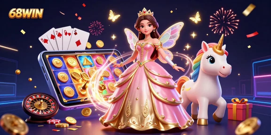 Engage with 68WIN’s vibrant scene showing a glamorous woman with casino elements, including slot games and golden coins.