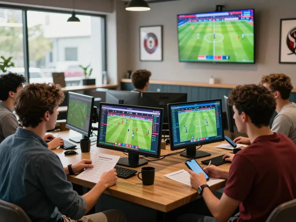 Tỷ lệ kèo bóng đá displayed on screens in a vibrant sports betting lounge with engaged bettors.