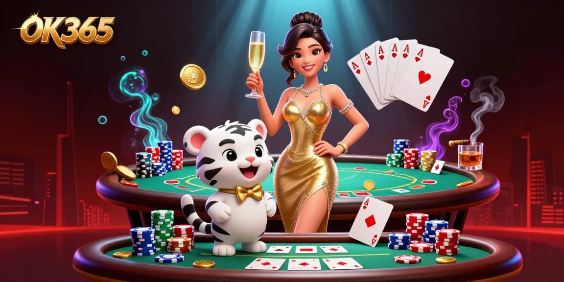 Experience the thrilling atmosphere of OK365's vibrant casino scene with a glamorous woman and lucky tiger.