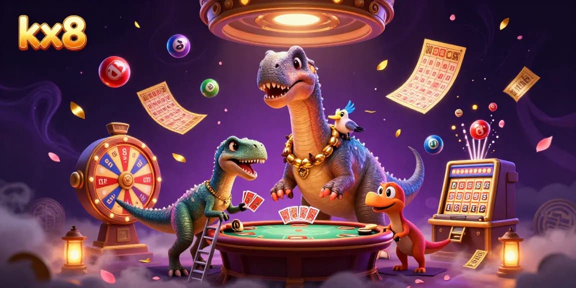 Experience thrilling gaming with KX8 and vibrant casino elements in a dynamic 3D scene.