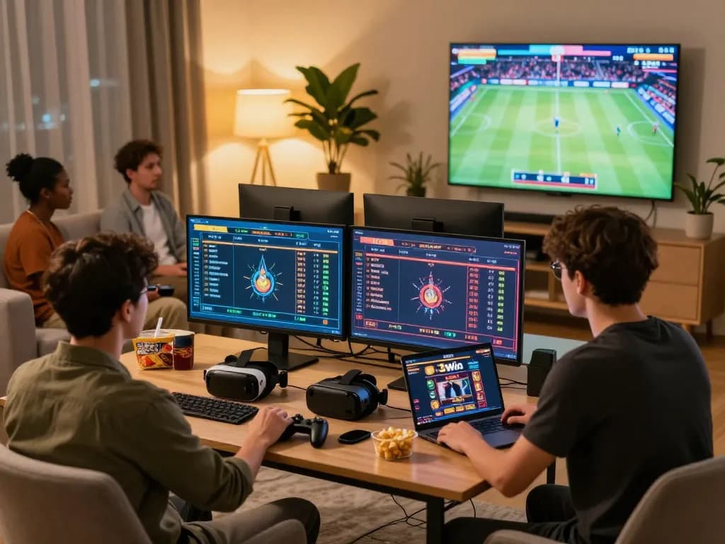 Players enjoying online gaming on 32win with multiple devices and a vibrant home setup.
