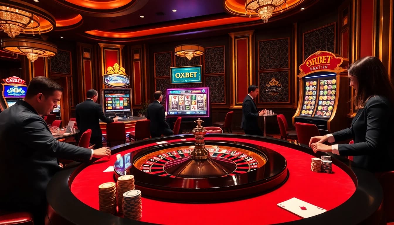 Players enjoying a thrilling game at the OXBET casino, featuring vibrant tables and excited engagement.